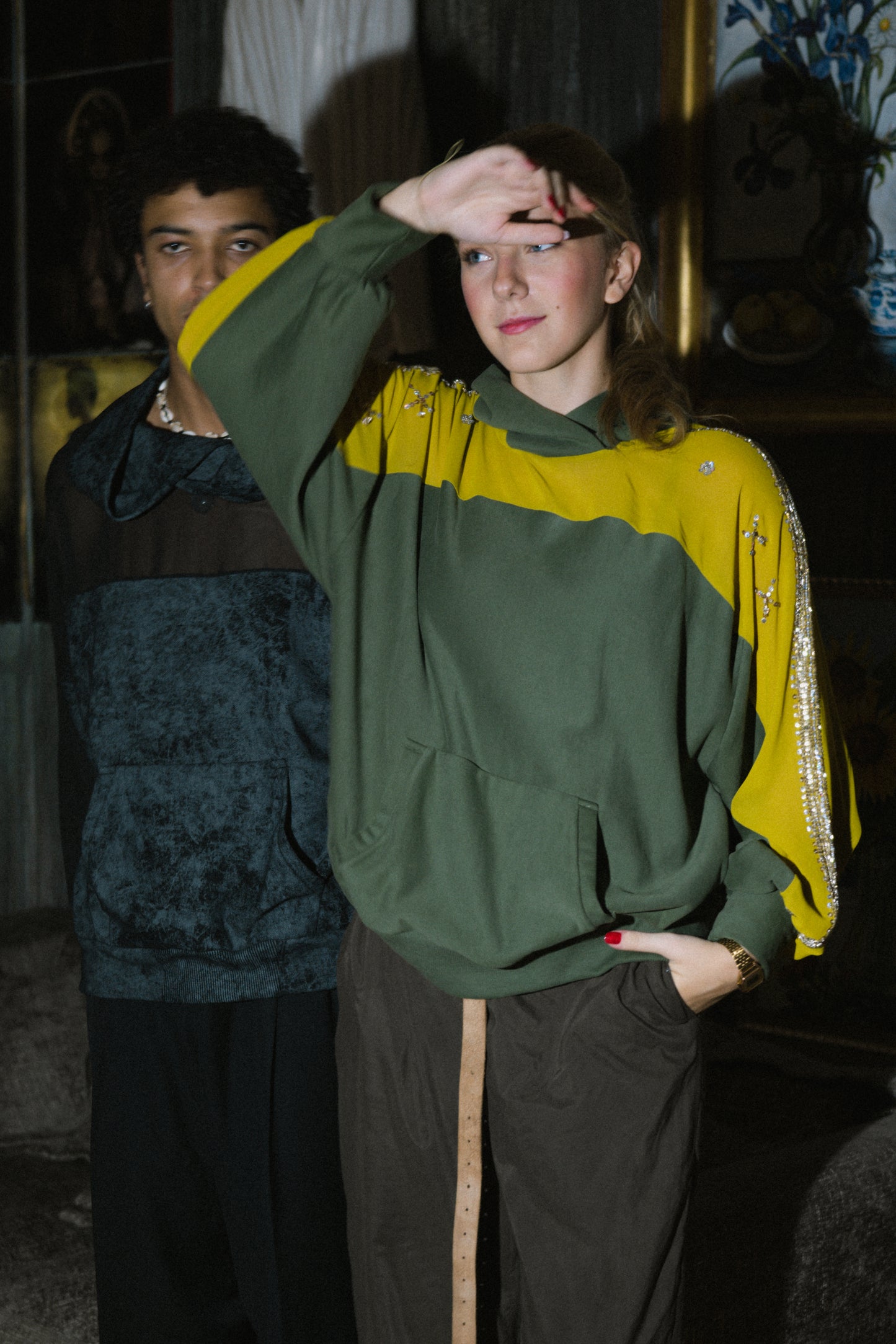Cotton hoodie with transparent shoulders and Cristals
