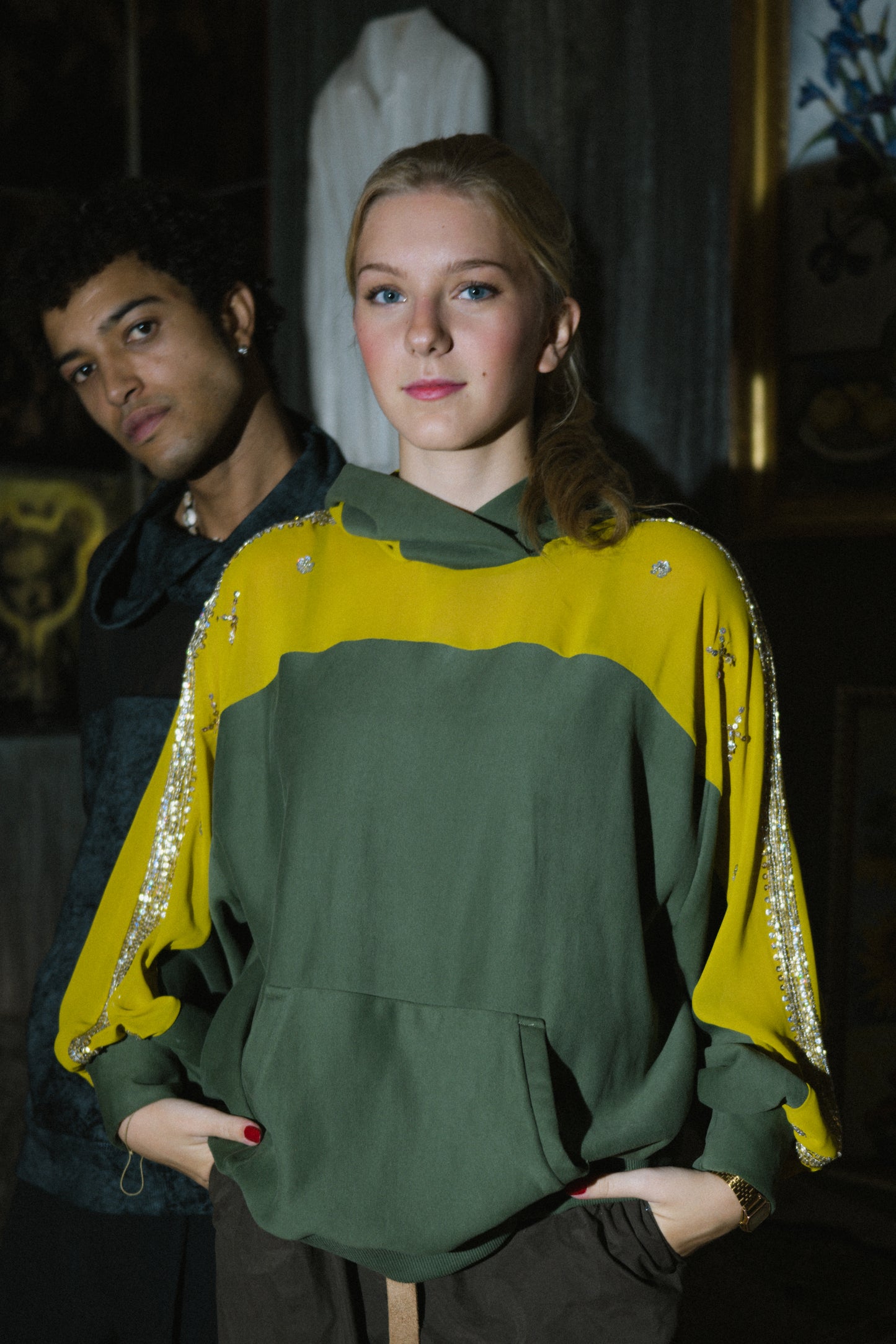 Cotton hoodie with transparent shoulders and Cristals